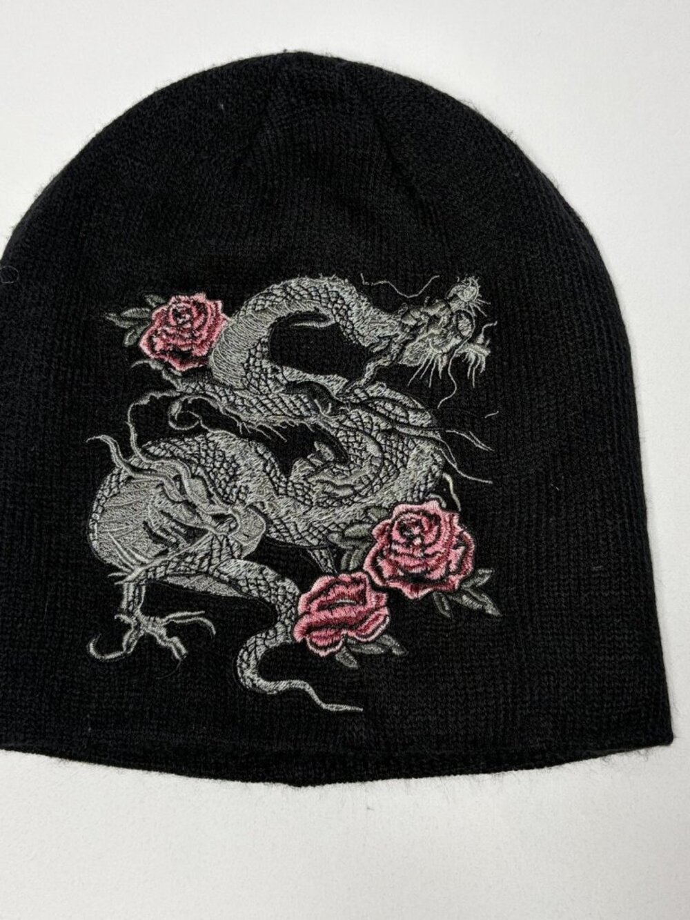 Steve Madden Black Dragon & Roses Embroidered Beanie One Size Y2K Grunge